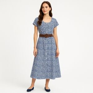 Vintage Norm Thompson Linen A line dress, blue/cream, women's medium NWOT